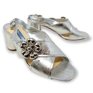 PRADA Flower Silver Block Heel Sandals EUR 36.5 US 4